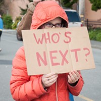 Sunny Brae Middle School Student Nova Vaur held a sign asking, "Who's next?" at Saturday's March for Our Lives in Arcata.