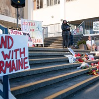 Charmaine Lawson speaks at a vigil at the Humboldt County Courthouse after a criminal grand jury declined to hand up indictments in the stabbing death of her son.