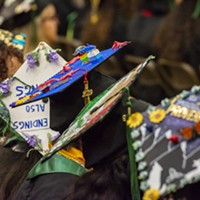 Creative mortarboard caps worn by graduating seniors at Friday and Saturday ceremonies at HSU.