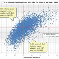 Comparing body mass index (BMI) and percent body fat ("%BF") in a 1994 study of 8,550 men. See the upper left and lower right quadrants for the limitations of BMI in assessing body fat.