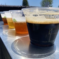 A flight of Powers Creek craft beer served outside of the Blue Lake Casino, including an Irish-style dry stout, a Scottish-style export ale, a blonde session ale and a double IPA.