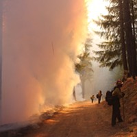 Firefighters hold the line during a burning operation on the northwest flank of the August Complex North Zone on Sept. 26, 2020. These firefighters are positioned with the job of looking into the unburned forest while watching for spot fires created by embers floating across the control line in the wind. This way they can quickly respond to these spotfires to contain them.