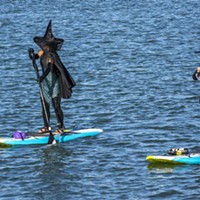 These well-dressed witches on stand-up paddle boards headed back to the put-in location after turning around at the Samoa Bridge Boat Launch near Halvorsen Park.