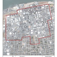 A city map shows one of the business zones in which camping will be prohibited under the city's new ordinance.