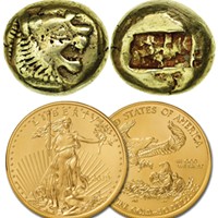 Top: Lydian one-third stater, circa 620 B.C., worth around $3,000 as a collector's item today. Bottom: 2019 U.S. 1-ounce $50 Gold Eagle, worth about $2,000.