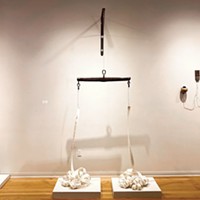 Bernadette Vielbig's "The Weight of Wisdom," found objects and paper, at the Morris Graves Museum of Art.