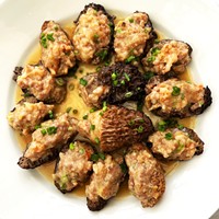 Wild, earthy morels stuffed with shrimp and pork.