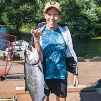 Shirley Wagner of Loomis, California, landed a nice spring salmon Monday while fishing near the Klamath River estuary.