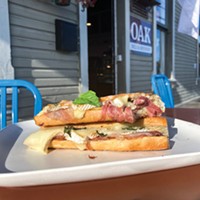 The prosciutto and brie panini with apple served on a baguette.