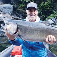 Andrew Mclaughlin of Eureka landed this adult king salmon on a recent float down the lower Trinity River. The lower Trinity is now the only sector in the Klamath basin where adult kings can be harvested.