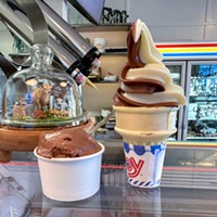 A small chocolate scoop and a soft serve twist at Jersey Scoops.