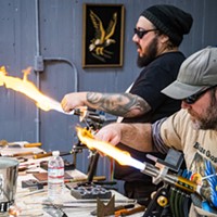 Marble Weekend featured live “torch working” and marble-making by local glass artists including Marcose Walton (left), of Eureka, and Matt Kelley, of Willow Creek, on Saturday at the Glass Garage.