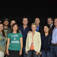 Gavin Newsom (center) poses with Second District Supervisor Estelle Fennell, Congressman Jared Huffman, Assemblyman Jim Wood, Trinity County Supervisor Judy Morris and members of California Cannabis Voice.