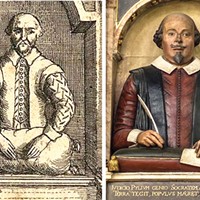 Before and after images of the Shakespeare funerary monument in Holy Trinity Church, Stratford-upon-Avon, which originally showed him with a sack of wool on his lap. After "restoration" in 1748, he was given a pen and the sack reduced to a writing surface. No mention is made of him as a great writer in the ambiguous text below.