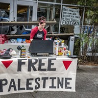 The Gaza demonstration at Cal Poly Humboldt and the blockade in front of the main entrance to Siemens Hall on April 23.