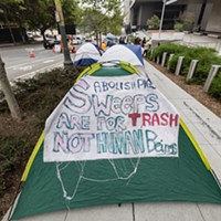 Tents outside the First Street U.S. Courthouse in Los Angeles, where homeless advocates and supporters rallied as the U.S. Supreme Court in Washington, D.C., heard oral arguments in the Grants Pass case, on April 22, 2024.