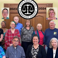 2023-2024 Humboldt County Civil Grand Jury. Top left: Stephen Avis, Daryl Chinn  Top right, Larry Giventer, Candy Bryant (Foreperson pro tem). Back row, L to R: David Howard, Lettie Dyer, Alicia Garcia, Dennis Reid, Marlena Maloney, Leslie Zondervan-Droz, Patrick Healy, Richard Bergstresser (Foreperson). Front row, L to R: Deborah Bushnell, Michael Davis, Laura Lee-Chin and Connie DeCoe-Munier.