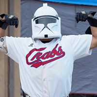 Victor Castenada flexes after his homerun on Star Wars Night.