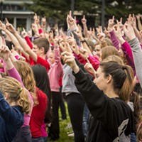 Hands go up on the Arcata Plaza at One Billion Rising.
