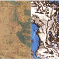 The Arabian Peninsula in Martellus' 1491 map: visible light (left), multispectral imaging (right). The map supported Columbus' contention that Japan was only 90 degrees west of Lisbon (less than half its actual distance).