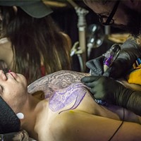 Christian Madrigal, of Modesto, was in for hours of artwork on his chest on Saturday by Izzy of Foundation Tattoo of Modesto.