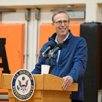 Huffman shares a laugh with his constituents during a town hall in Arcata.