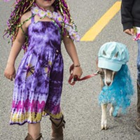 River Christie, of Blue Lake, and her costumed pet goat.