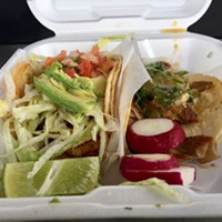 Left to right: The shrimp and buche tacos from Tacos El Gallo.
