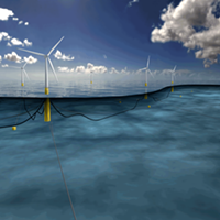 Illustration of a spar-buoy floating turbine, one of three potential designs being considered by the National Renewable Energy Laboratory.