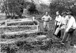 Myrtle Grove Cemetery 1952, Grand Army of the Republic section. From left: Eric Quist, unidentified, Earl Johnson, and C. E. Tabor. - Photo Credit: Kirby Nunn