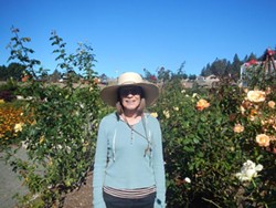 Elaine in Humboldt Botanical Garden's Rose Garden. Photo by June Walsh.