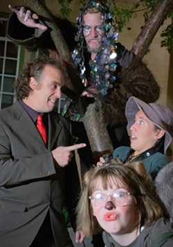 L Ben Clifton as Mr. Jon Luc Bistard, above Aaron Dury as The Energy Monster, R Camille Borrowdale as Edison, and Halla Kramer as Squirrel 1
