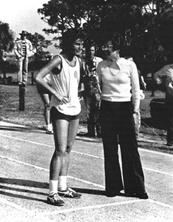 COURTESY OF MINGOS BAR - Logan being interviewed by Billie Jean King before the start of a race at the Battle of the Superstars, 1975.