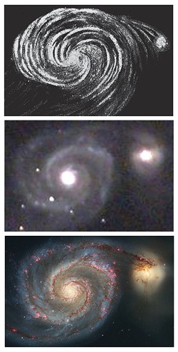 Three views of the Whirlpool Galaxy: Parson's 1848 sketch; the author's view from Old Town Eureka (using "stacking" photo technique); a Hubble telescope view via NASA/ESA.