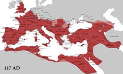 TATARYN77/WIKIMEDIA CREATIVE COMMONS - The Roman Empire at its maximum extent (under Trajan) is comparable in size to the lower 48 states.