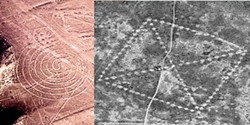 Left: Nazca spiral (Barry Evans). Right: The Ushotgay Square was the first of over 200 geoglyphs recently discovered in Kazakhstan (NASA)