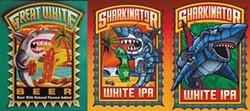 SUBMITTED. - Left to right: Duane Flatmo's Great White Label, Lost Coast Brewery's original Sharkinator, which was pulled from shelves, and the new Sharkinator label by Shawn Griggs.