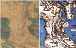 COURTESY OF THE LAZARUS PROJECT / MEGAVISION / RIT / EMEL, COURTESY OF THE BEINECKE LIBRARY - The Arabian Peninsula in Martellus' 1491 map: visible light (left), multispectral imaging (right). The map supported Columbus' contention that Japan was only 90 degrees west of Lisbon (less than half its actual distance).