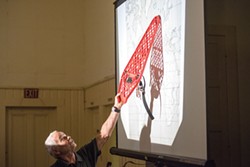 PHOTO BY MARK MCKENNA - Stepp tracing the theoretical journeys of Viking ships.