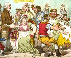 1802 satirical cartoon from Britain's Anti-Vaccine Society, showing cows emerging from people's bodies after they had been vaccinated with Edward Jenner's cowpox vaccine.