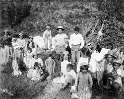 A. W. ERICSON, "GROUP OF INDIANS, REDWOOD CREEK, HUMBOLDT CO., CALIFORNIA." COURTESY OF HUMBOLDT STATE UNIVERSITY LIBRARY; IMAGE #2003.01.2748. - These Whilkut Indians have left the Hoopa Valley Indian Reservation and returned to their homeland on Redwood Creek.