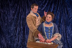 COURTESY OF REDWOOD CURTAIN THEATRE - Charlie Heinberg Voltaire-splaining to Alexandra Blouin as an 18th century scientist.