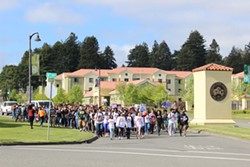 THADEUS GREENSON - Protesters march from Humboldt State University to Arcata City Hall, demanding "justice for Josiah" Lawson.