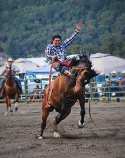 PHOTO BY EVE FREEDMAN - oe Escalera, a member of Nevada’s Te-Moak Tribe of Western Shoshone, competes in the bronc-riding event.