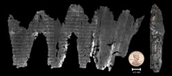 PHOTO COURTESY OF SEALES ET AL., UNIVERSITY OF KENTUCKY - The carbonized En-Gedi scroll, as found in 1970 (right), and part of it virtually unwrapped, revealing Hebrew characters from the Book of Leviticus.