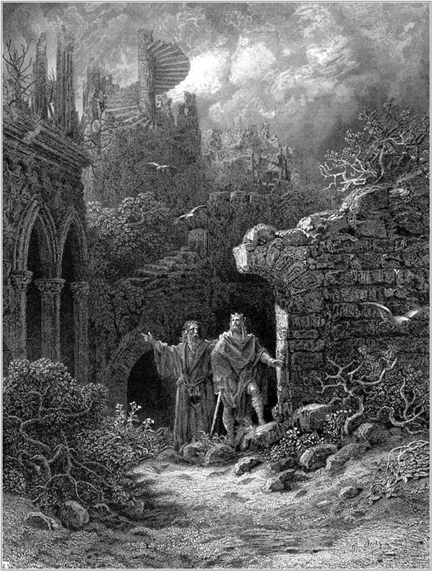 Victorian version of King Arthur with the wizard Merlin: Gustave Doré's romantic 1868 engraving for Tennyson's Idylls of the King. - PUBLIC DOMAIN